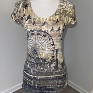 Fair Oaks Ferris‎ Wheel Graphic Tee Sepia Cityscape Beaded Top Women’s M USA